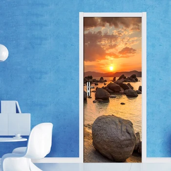 3D Interjero Duris Lipdukas Kambarį Miegamojo Duris Freskos 3D Tapetai Vandeniui lipnios 3D Saulėlydžio Roko Seaview Sienos Popieriaus