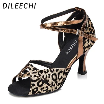 DILEECHI platforma aukštakulnį Leopard satino lotynų šokių batelius moterų suaugusiųjų Pramoginių šokių bateliai Salsa samba Tango bateliai